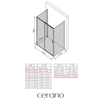 CERANO - Trojstenný sprchovací kút Varone LINE UL/P - 6 mm - čierna matná, transparentné sklo - 100x100x195 cm - posuvný