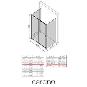CERANO - Trojstenný sprchovací kút Varone LINE UL/P - 6 mm - čierna matná, transparentné sklo - 110x100x195 cm - posuvný