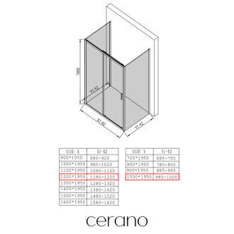 CERANO - Trostenný sprchovací kút Varone LINE UL/P - 6 mm - čierna matná, transparentné sklo - 120x100x195 cm - posuvný