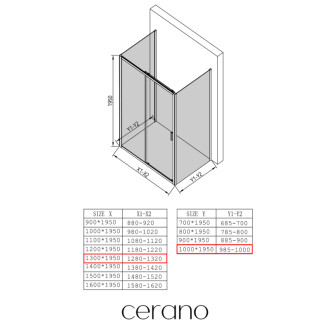 CERANO - Trojstenný sprchovací kút Varone LINE UL/P - 6 mm - čierna matná, transparentné sklo - 130x100x195 cm - posuvný