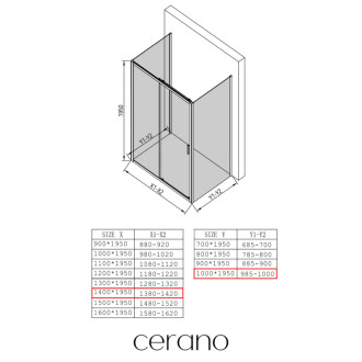 CERANO - Trostenný sprchovací kút Varone LINE UL/P - 6 mm - čierna matná, transparentné sklo - 140x100x195 cm - posuvný