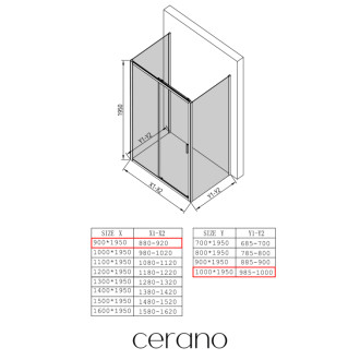 CERANO - Trostenný sprchovací kút Varone LINE UL/P - 6 mm - čierna matná, transparentné sklo - 90x100x195 cm - posuvný