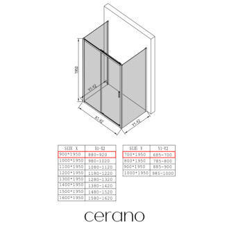CERANO - Trostenný sprchovací kút Varone LINE UL/P - 6 mm - čierna matná, transparentné sklo - 90x70x195 cm - posuvný