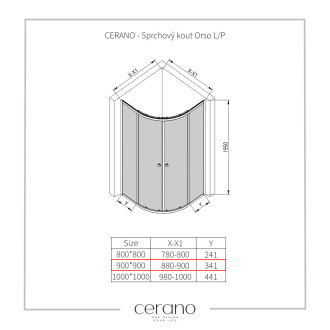 CERANO - Sprchovací kút Orso L/P - 5 mm - štvrťkruh - R550 - čierna, transparentné sklo - 90x90x195 cm - posuvný
