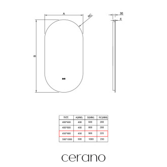 CERANO - Kúpeľňové LED zrkadlo Luno - 45x90 cm