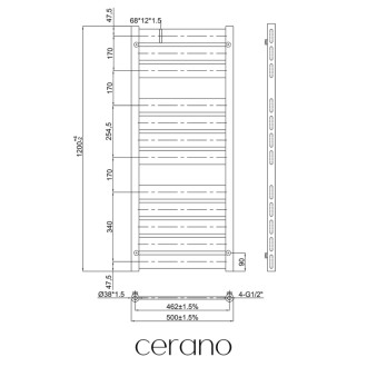 CERANO - Kúpeľňový radiátorový set Arturo - ústredné vykurovanie - bočné pripojenie - 644W - čierna matná - 1200x500 mm