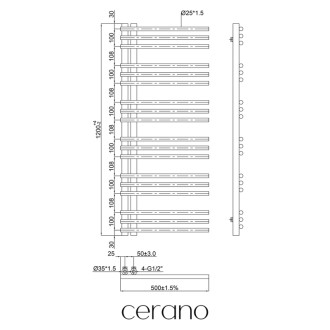 CERANO - Kúpeľňový radiátorový set Burke - ústredné vykurovanie - asymetrické pripojenie 50 mm - 562W - čierna matná - 1200x500 mm