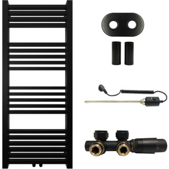 CERANO - Kúpeľňový radiátorový set Franko - kombinované vykurovanie, termo tyč - stredové pripojenie 50 mm - 300W - čierna matná - 1200x500 mm