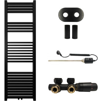 CERANO - Kúpeľňový radiátorový set Franko - kombinované vykurovanie, termo tyč - stredové pripojenie 50 mm - 300W - čierna matná - 1600x500 mm