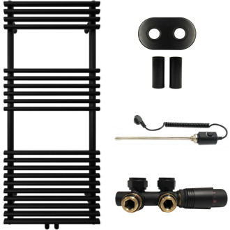 CERANO - Kúpeľňový radiátorový set Luigi - kombinované vykurovanie, termo tyč - stredové pripojenie 50 mm - 300W - čierna matná - 1200x500 mm