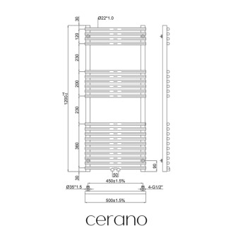 CERANO - Kúpeľňový radiátorový set Luigi - kombinované vykurovanie, termo tyč - stredové pripojenie 50 mm - 545W - čierna matná - 1200x500 mm