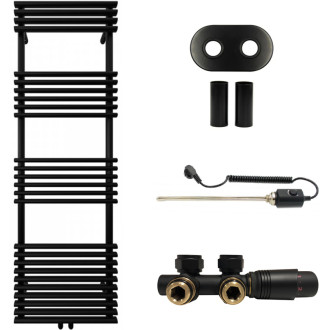 CERANO - Kúpeľňový radiátorový set Luigi - kombinované vykurovanie, termo tyč - stredové pripojenie 50 mm - 600W - čierna matná - 1600x500 mm