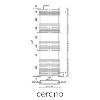 CERANO - Kúpeľňový radiátorový set Luigi - ústredné vykurovanie - stredové pripojenie 50 mm - 713W - čierna matná - 1600x500 mm