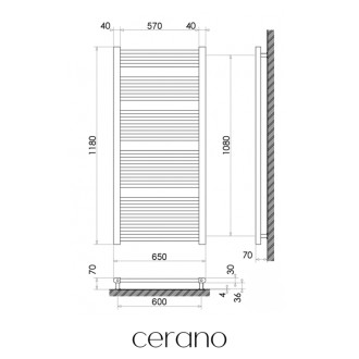 CERANO - Kúpeľňový radiátorový set Alberto - ústredné vykurovanie - bočné jednobodové pripojenie - 716W - čierna matná - 1180x650 mm