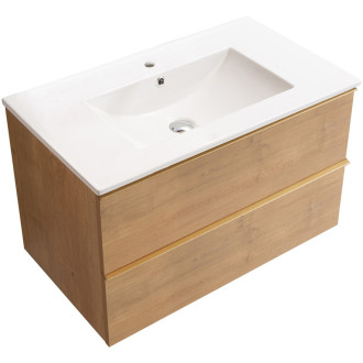 CERANO - Kúpeľňová skrinka Velora - dub medový, úchytka zlatá + keramické umývadlo Todo - 71x55x46, 5 cm