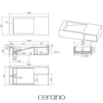 CERANO - Umývadlo z liateho mramoru Semio - nástenné - biela matná - 100x46 cm