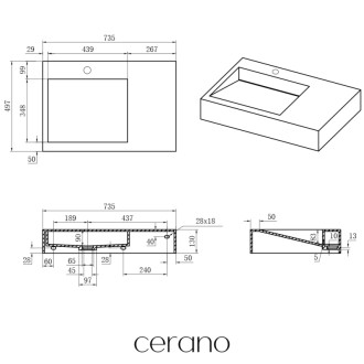 CERANO - Umývadlo z liateho mramoru Tokio - nástenné - biela matná - 73,5x49,7 cm