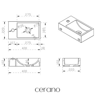 CERANO - Umývadlo z liateho mramoru Teo - závesné ľavé - čierna matná - 40x22 cm