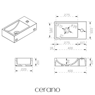 CERANO - Umývadlo z liateho mramoru Teo - závesné pravé - čierna matná - 40x22 cm