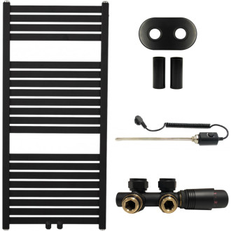 CERANO - Kúpeľňový radiátorový set Luigino - kombinované vykurovanie, termo tyč - stredové pripojenie 50 mm - 300W - čierna matná - 970x450 mm