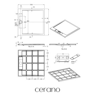 CERANO - Sprchová vanička z liateho mramoru štvorcová Loro - tmavo šedá - 100x100 cm