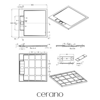 CERANO - Sprchová vanička z liateho mramoru štvorcová Loro - tmavo šedá - 90x90 cm