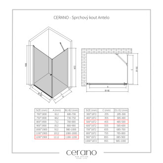 CERANO - Sprchovací kút Antelo L/P - 6 mm - čierna matná, transparentné sklo - 120x50x190 cm - otočný