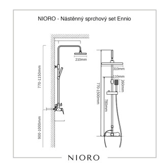 NIORO - Nástenný sprchový stĺp Ennio - vaňová otočná batéria - čierna matná