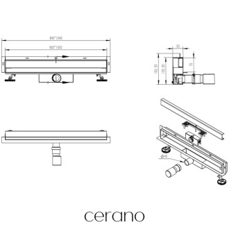 CERANO - Sprchový odtokový žľab k stene, so sifónom - čierna matná - 94 cm